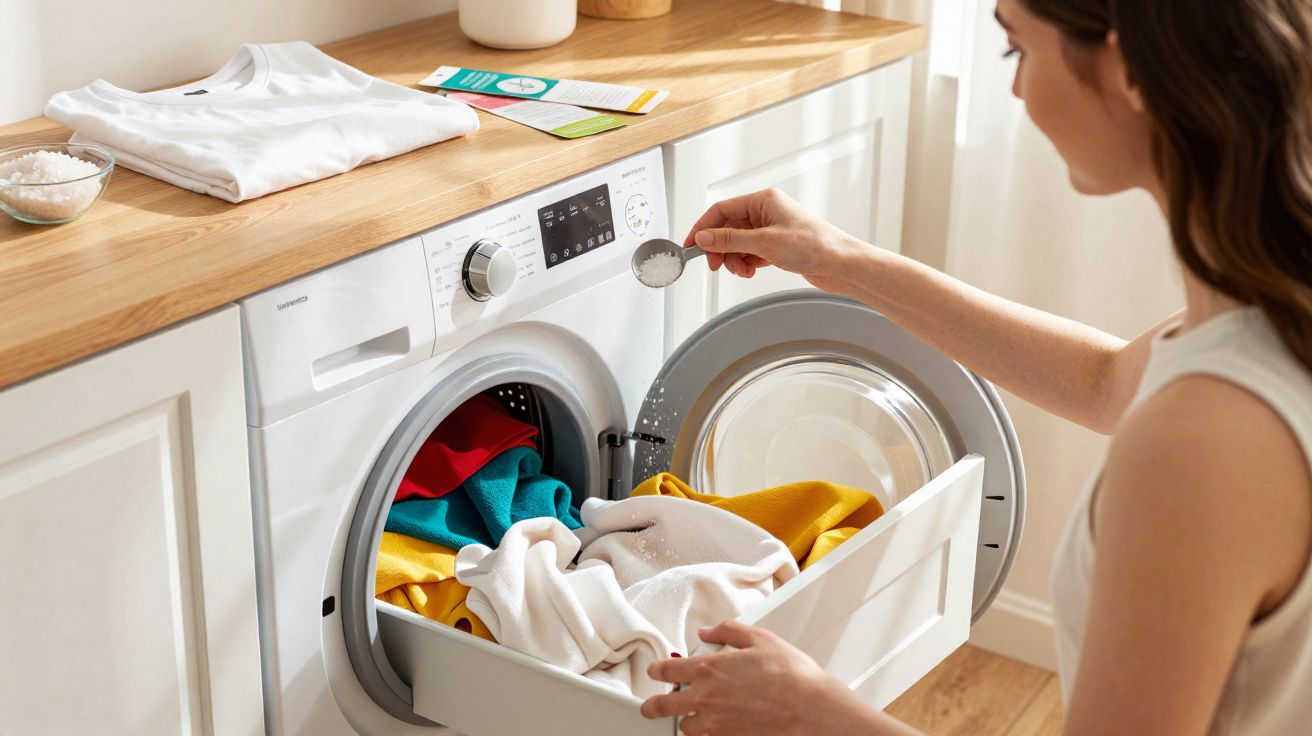 Mulher a colocar detergente em pó numa máquina de lavar roupa com várias roupas coloridas dentro.