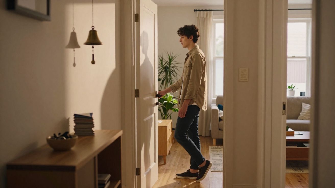 Homem de camisa bege a abrir a porta de uma sala luminosa com plantas e sofá ao fundo.