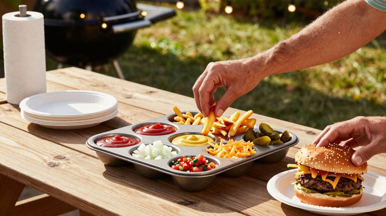 Mãos a pegar batata frita em tabuleiro com molhos e acompanhamentos, e hambúrguer num prato de papel num piquenique.