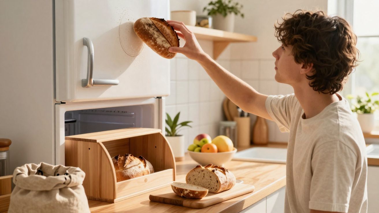 Jovem a guardar um pão num armário de cozinha em madeira, com outros pães e fruta ao fundo.