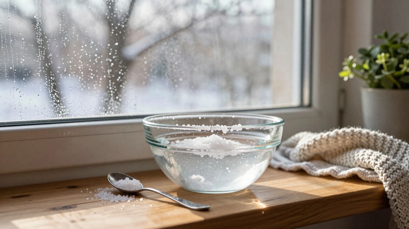 Tigela de vidro com sal grosso em janela com gotas de chuva, colher e pano ao lado, planta pequena ao fundo.