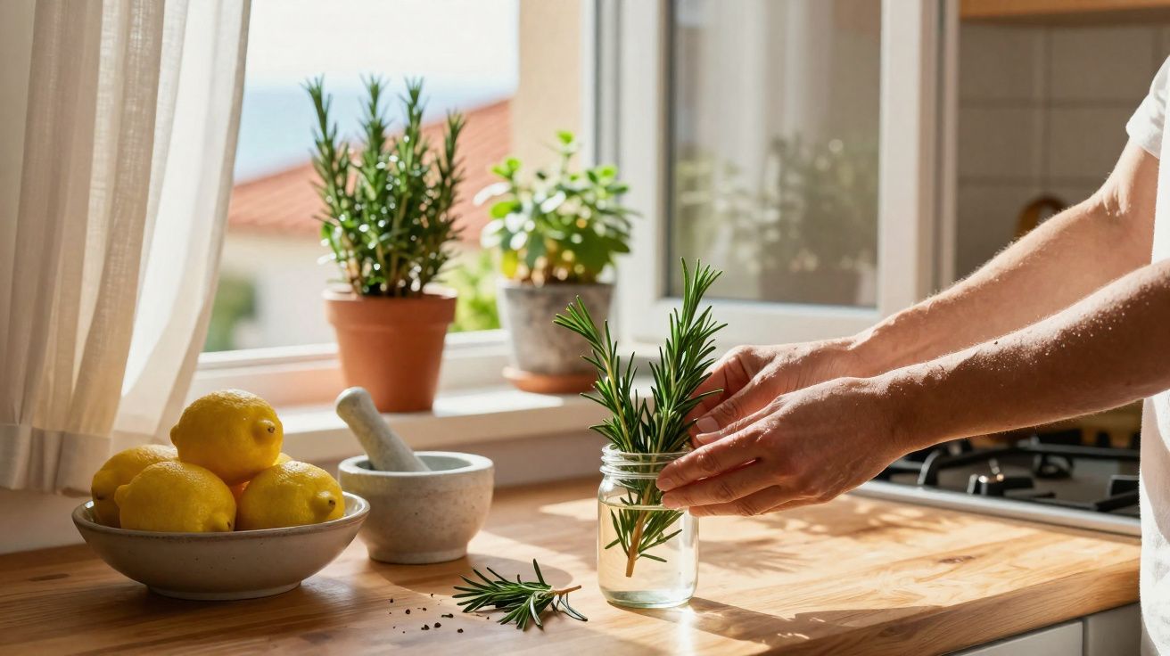 Mãos seguram ramo de alecrim em jarro com água numa cozinha iluminada, com limões e plantas na janela.