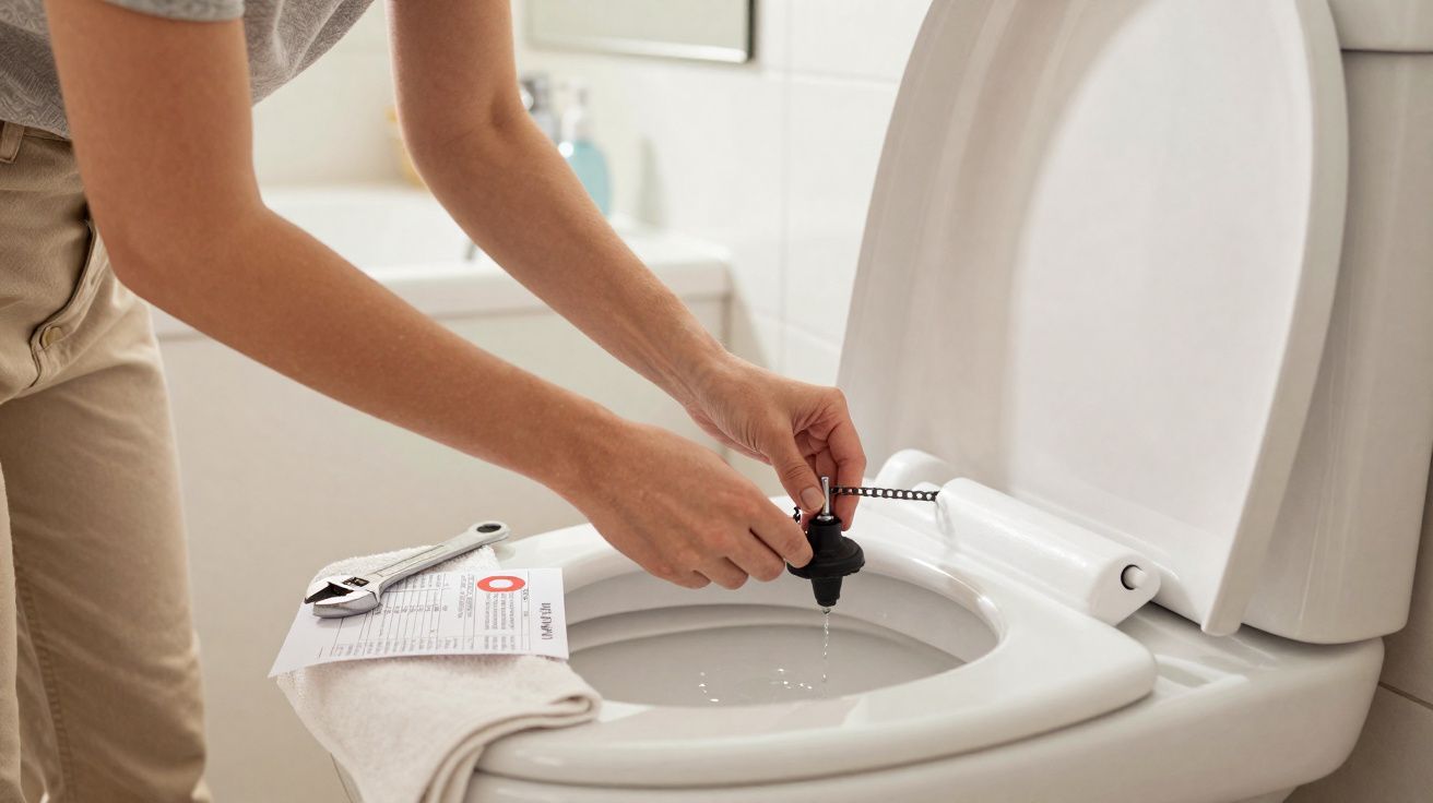 Pessoa a reparar um autoclismo, segurando a válvula do sanita com ferramenta e papel em toalha pendurada.