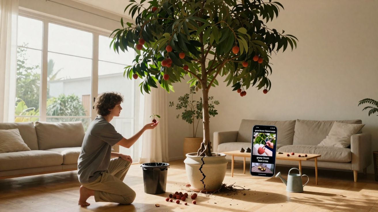 Jovem colhendo frutos de uma árvore em vaso rachado numa sala com sofá, balde e regador.