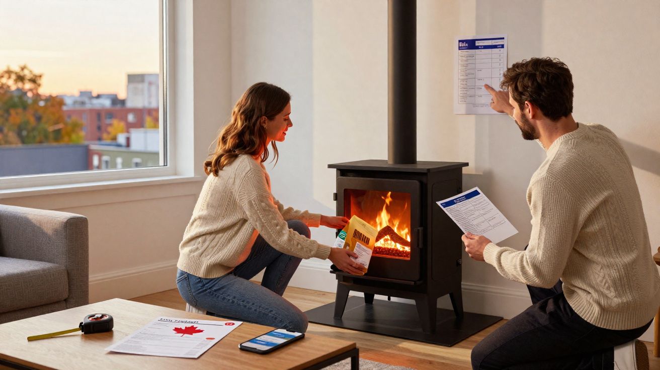 Casal junto a lareira a instalar fogão de lenha numa sala acolhedora com luz natural.