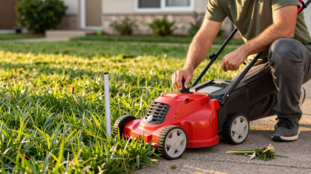 Homem ajusta cortador de relva vermelho num jardim com relva alta junto à entrada de uma casa.