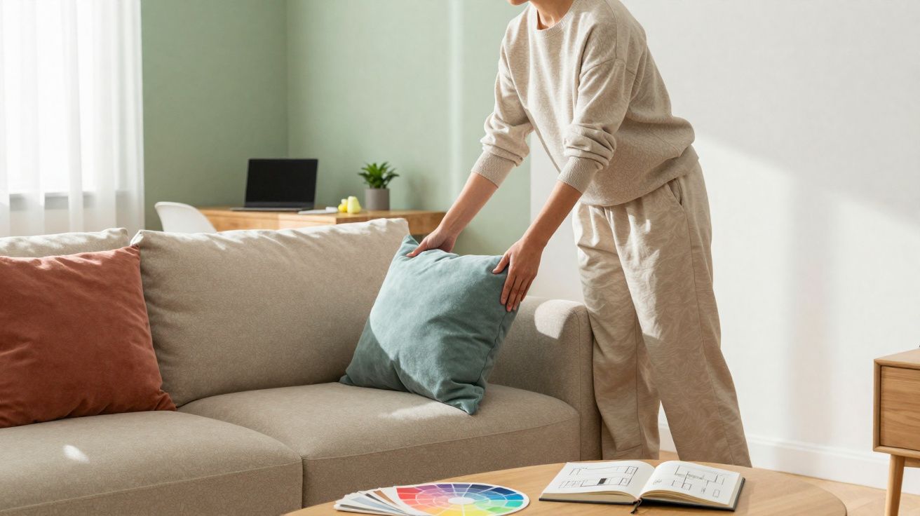 Pessoa a arrumar almofada azul num sofá cinza numa sala com amostras de cores e livro aberto numa mesa.