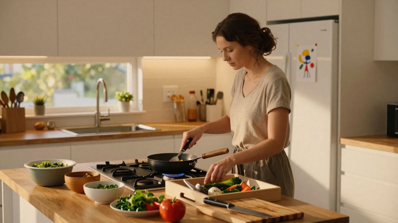 Mulher a cozinhar legumes numa cozinha moderna e iluminada, com bancada de madeira e fogão a gás.