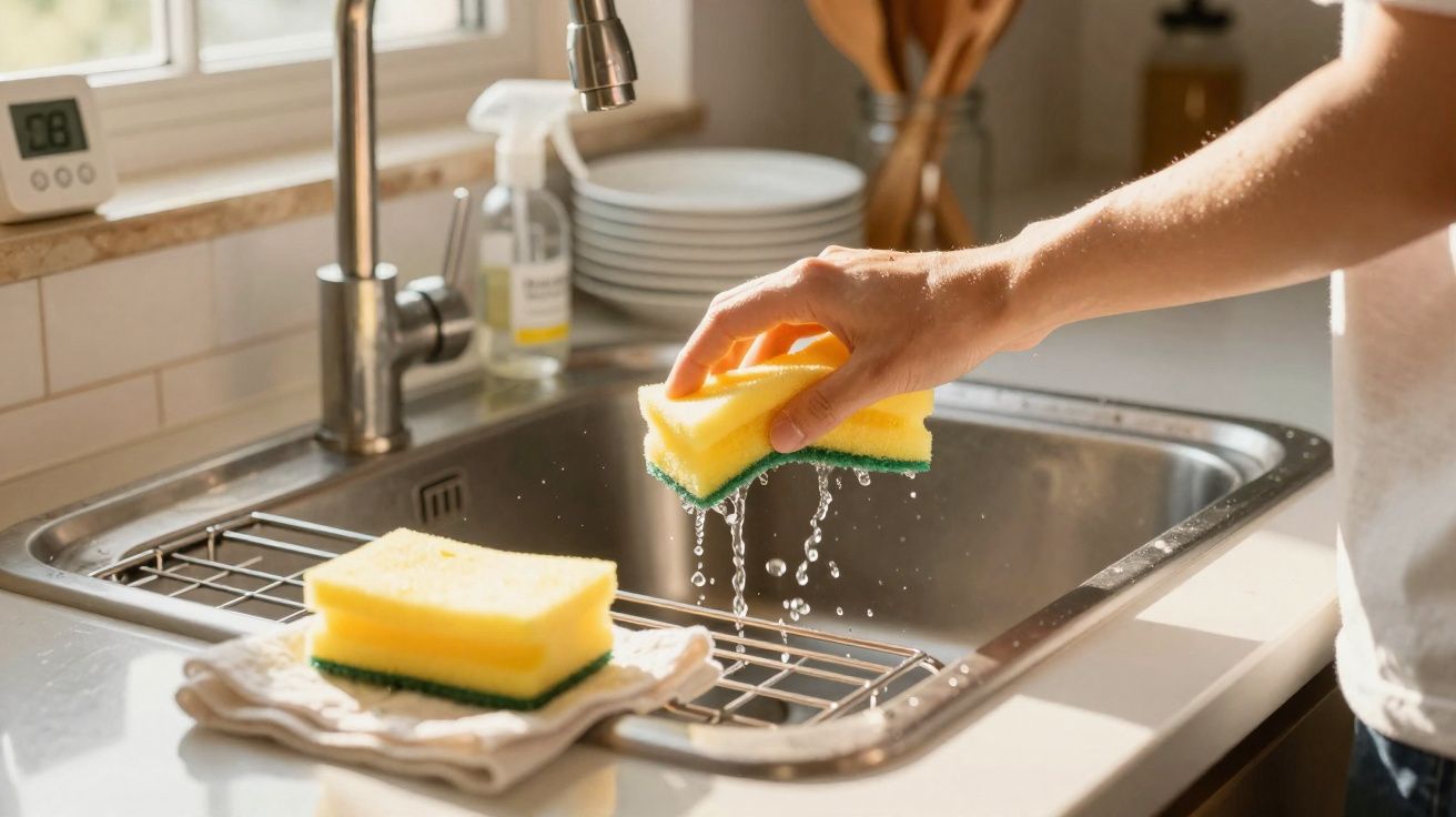 Mão segurando esponja molhada a pingar água sobre lava-loiça com pratos e utensílios ao fundo.
