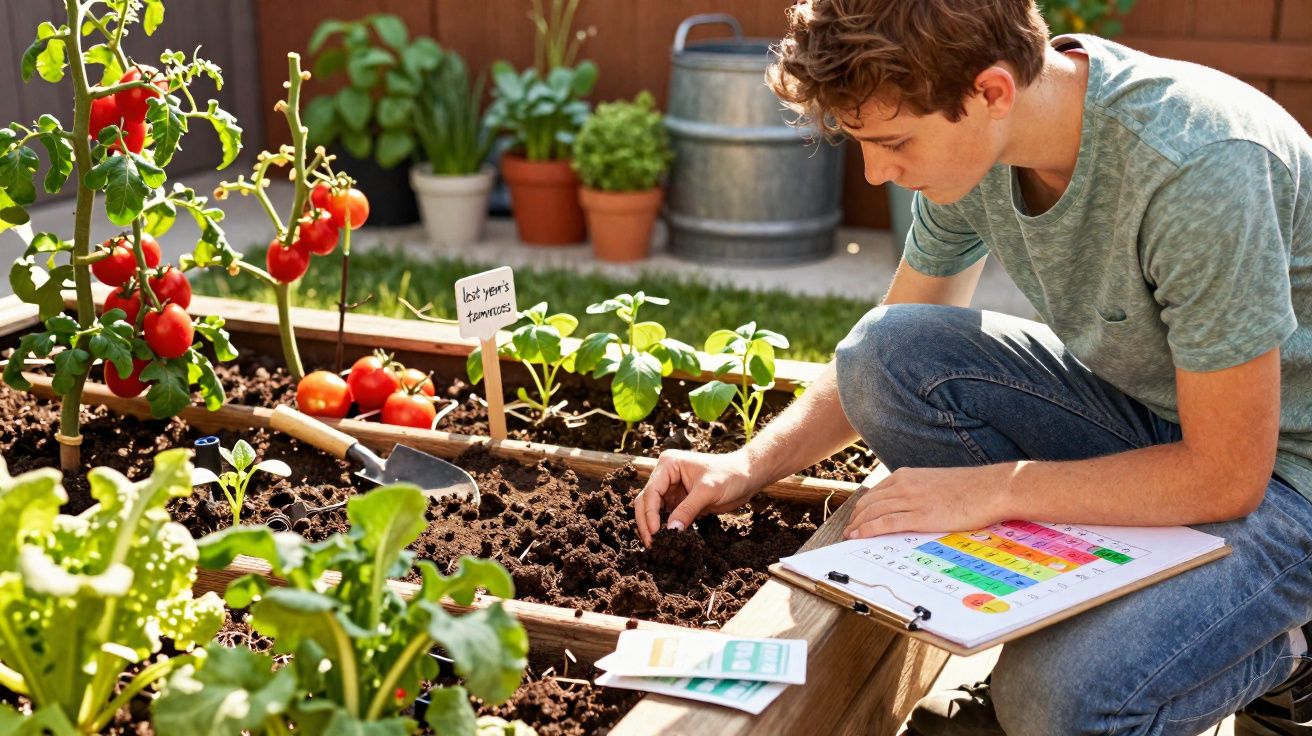 Rapaz a plantar sementes em canteiro de horta caseira com tomateiras e vegetais ao redor.