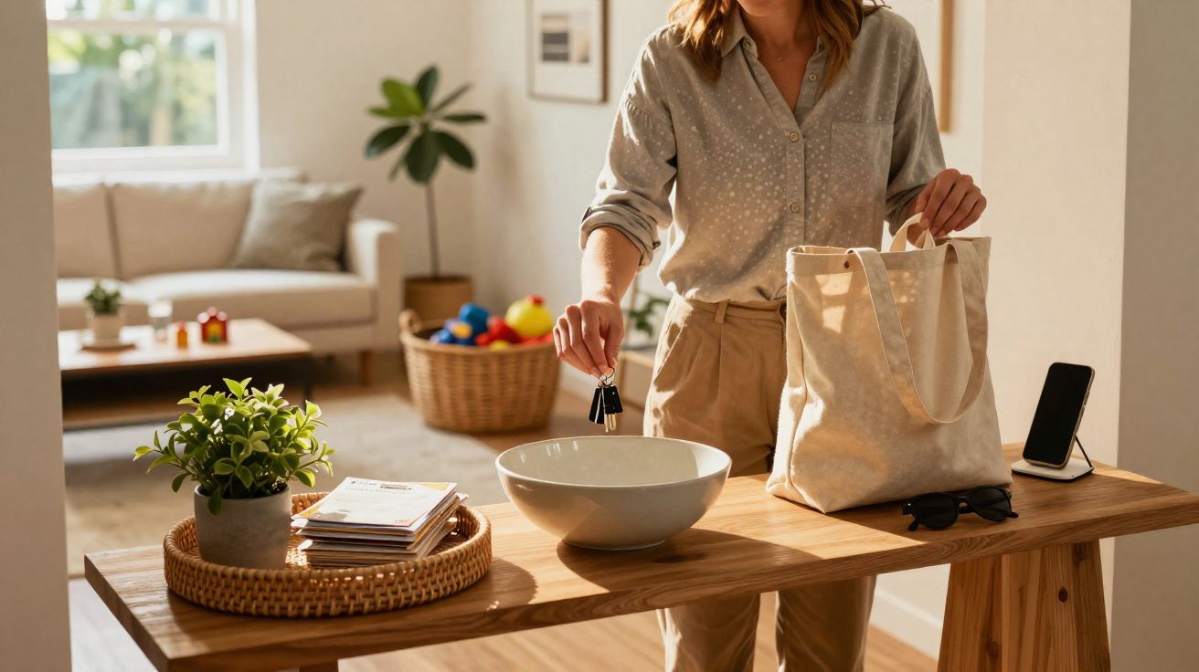 Pessoa a deixar as chaves numa tigela numa mesa de madeira numa sala luminosa e arrumada.