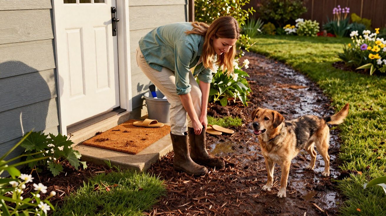 Mulher calça botas junto à porta de casa enquanto cão está numa passadeira lamacenta no jardim.