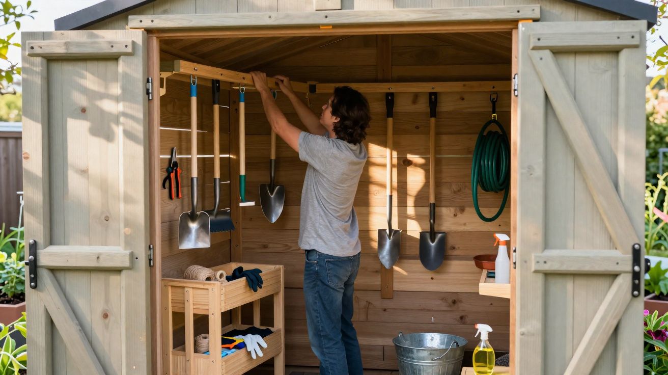 Homem organiza ferramentas de jardinagem numa pequena casa de madeira ao ar livre.