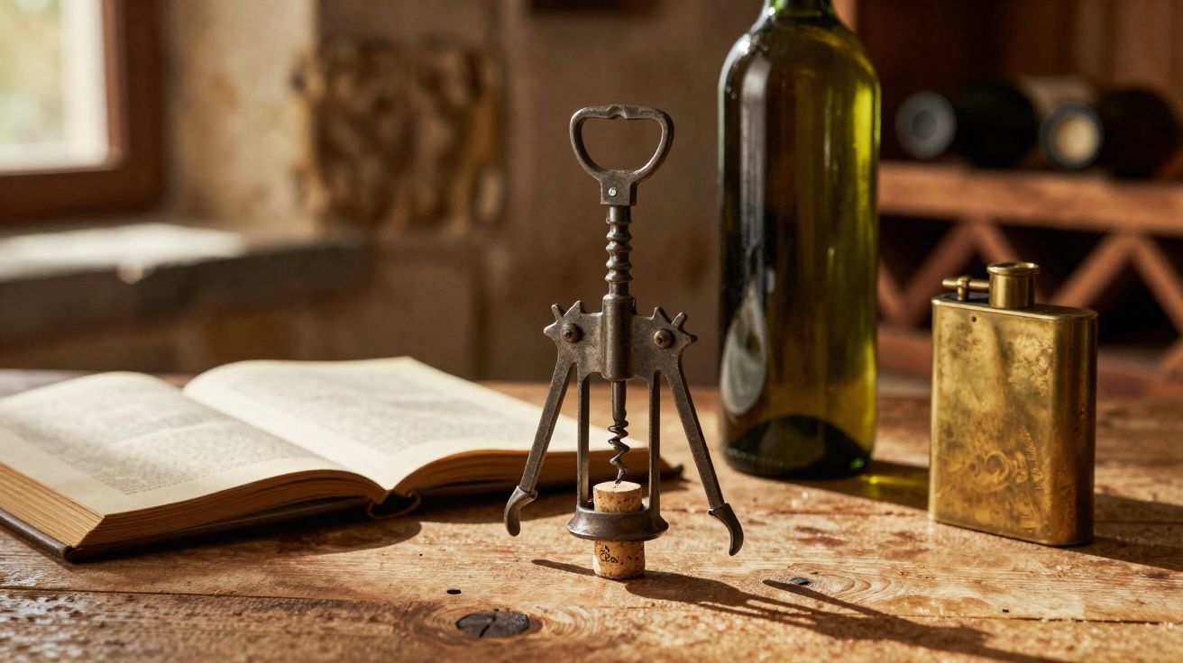 Saca-rolhas clássico em metal sobre mesa de madeira com garrafa, livro aberto e flaska dourada ao fundo.