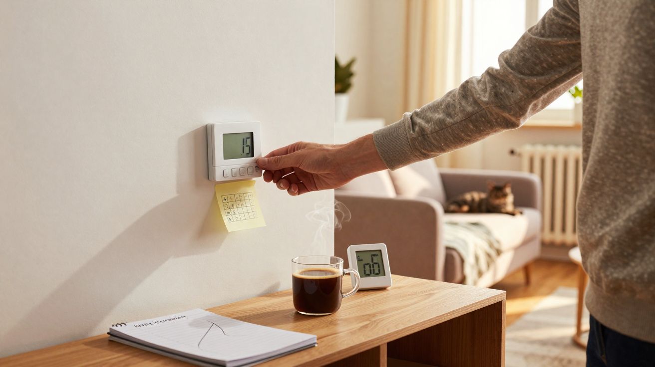 Pessoa a ajustar termostato digital numa sala com sofá, chávena de café e bloco de notas numa mesa de madeira.