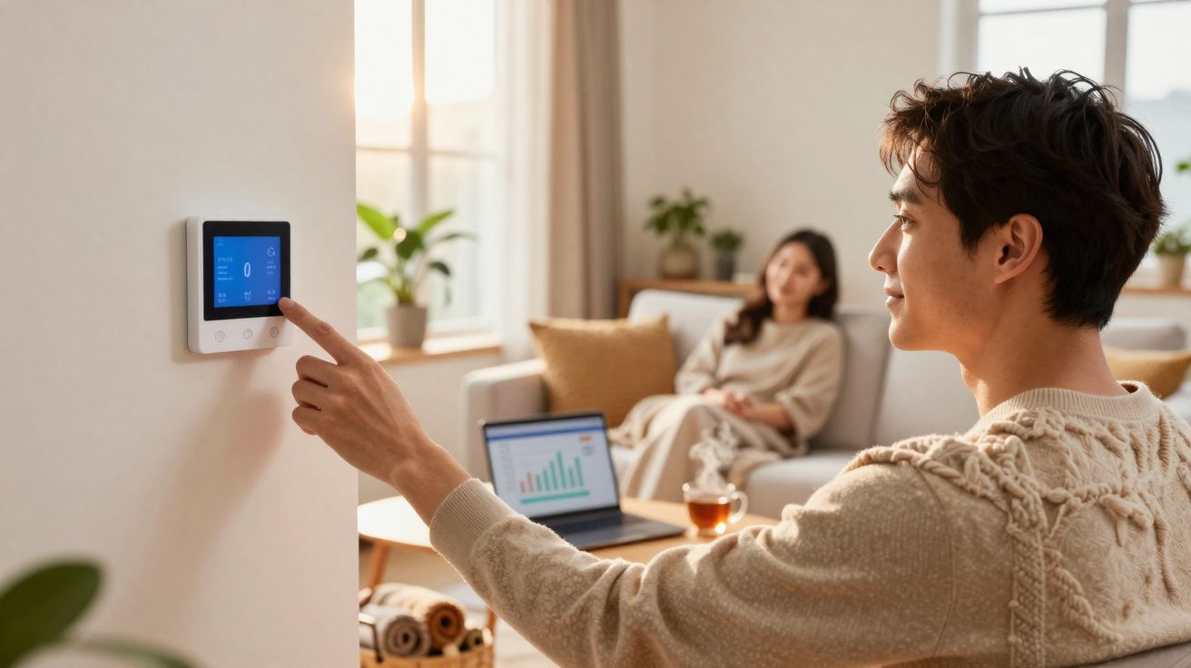 Homem ajusta termóstato digital na parede com mulher sentada no sofá ao fundo numa sala iluminada.