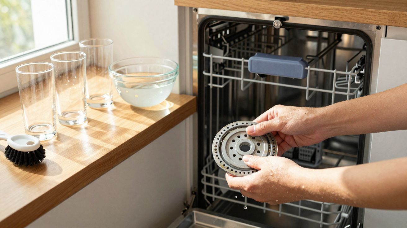 Mãos a colocar peça metálica húmida numa máquina de lavar louça junto a copos e uma tigela com água.