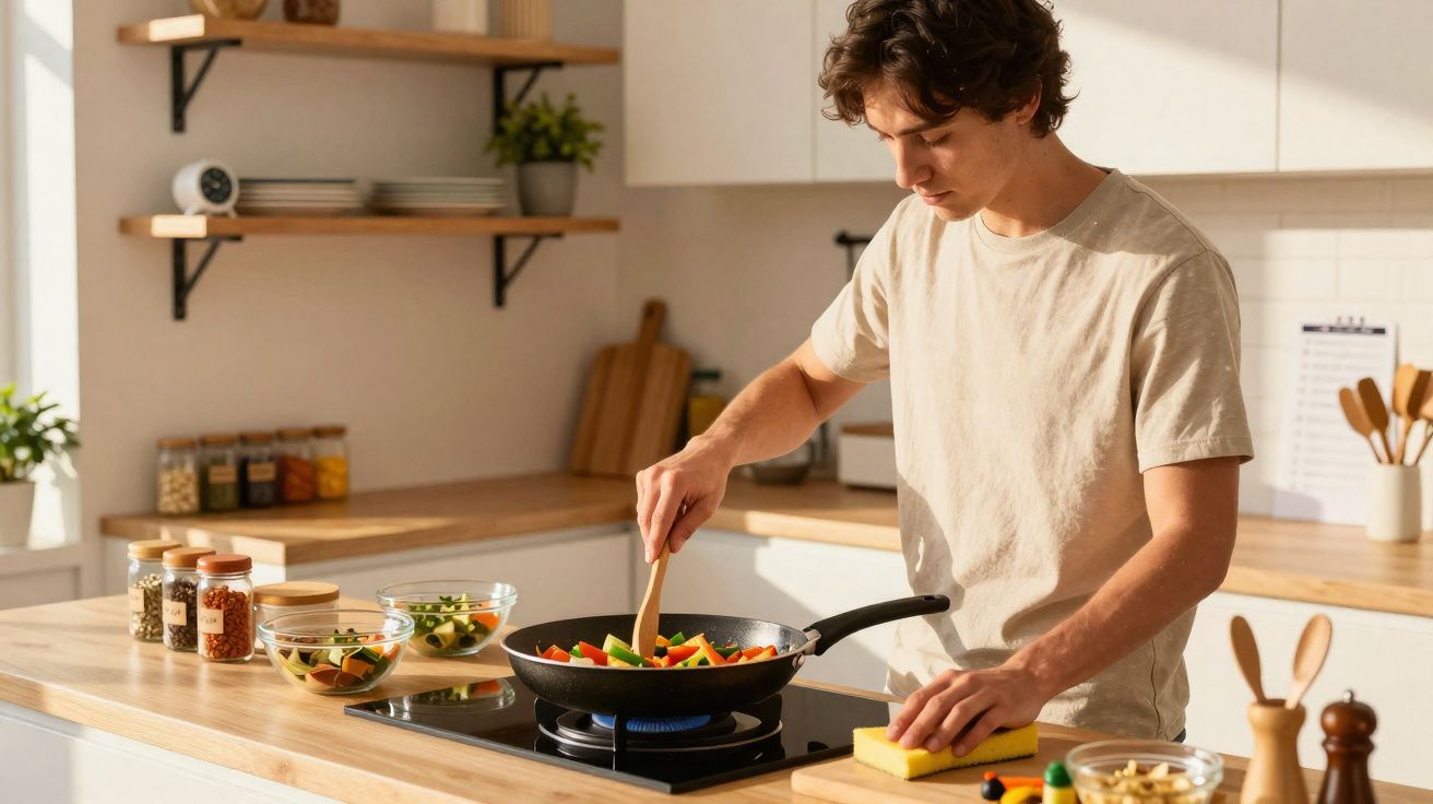 Jovem a cozinhar legumes numa frigideira numa cozinha moderna e iluminada.