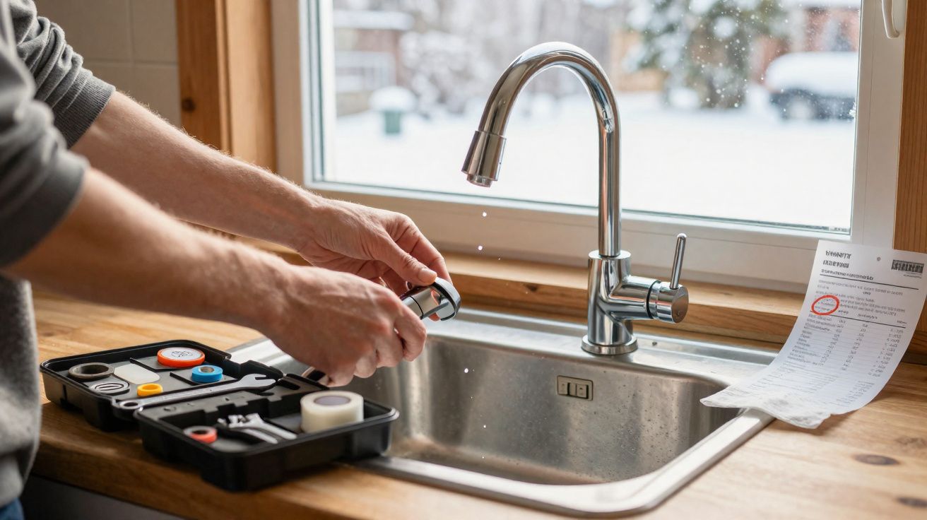 Pessoa a reparar ou instalar torneira numa cozinha com ferramentas numa caixa preta sobre bancada de madeira.