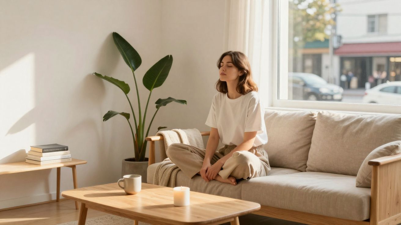 Mulher sentada em sofá a meditar numa sala iluminada com plantas, mesa de madeira e janelas grandes.