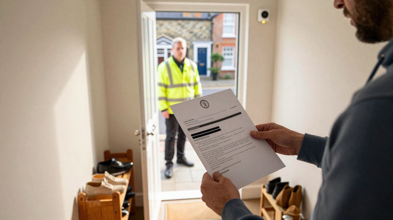 Pessoa lê carta enquanto alguém com colete refletor está à porta aberta de uma casa.
