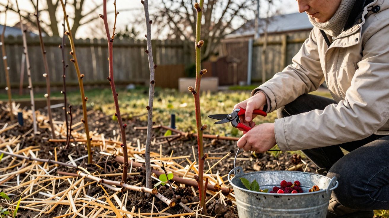 Pessoa a podar ramos finos num jardim com estaca de madeira e balde metálico com frutos vermelhos.