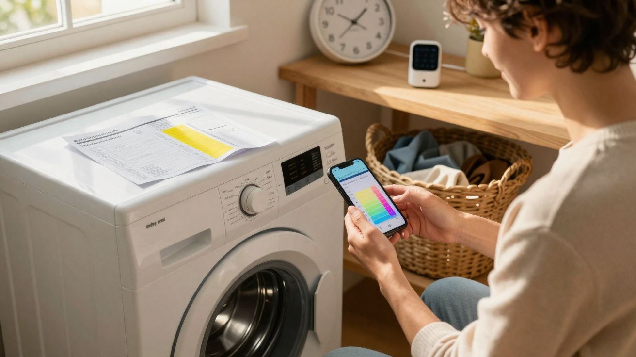 Pessoa a usar smartphone para controlar máquina de lavar roupa branca numa divisão iluminada.