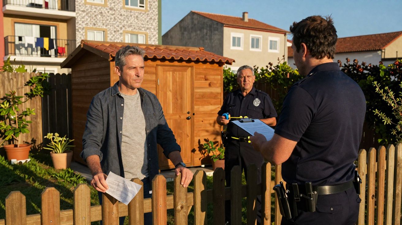 Homem conversa com polícia perto de cerca de madeira num jardim com casa e arbustos ao fundo.