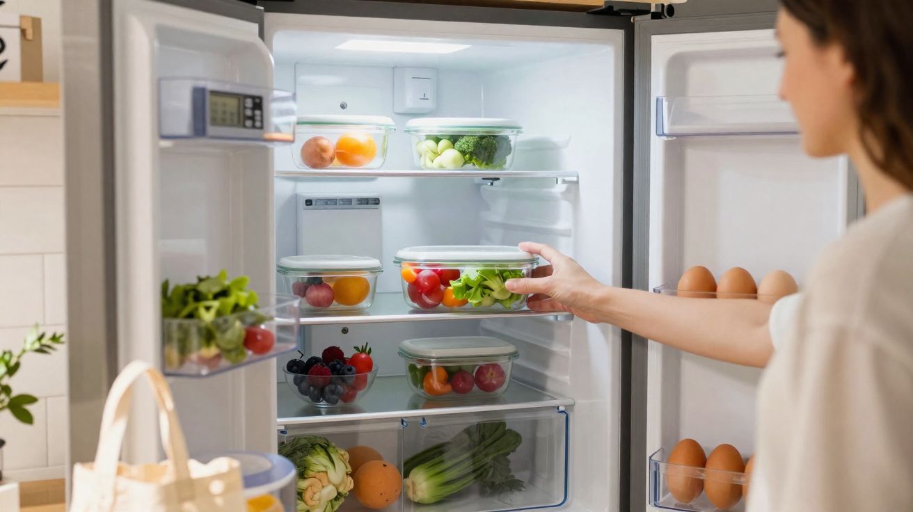 Pessoa a guardar alimentos frescos em tupperwares dentro de um frigorífico organizado e iluminado.