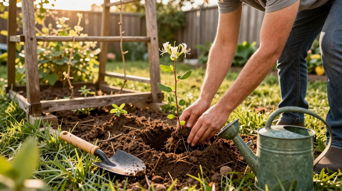 Pessoa a plantar uma flor branca num jardim com ferramentas de jardinagem ao lado.