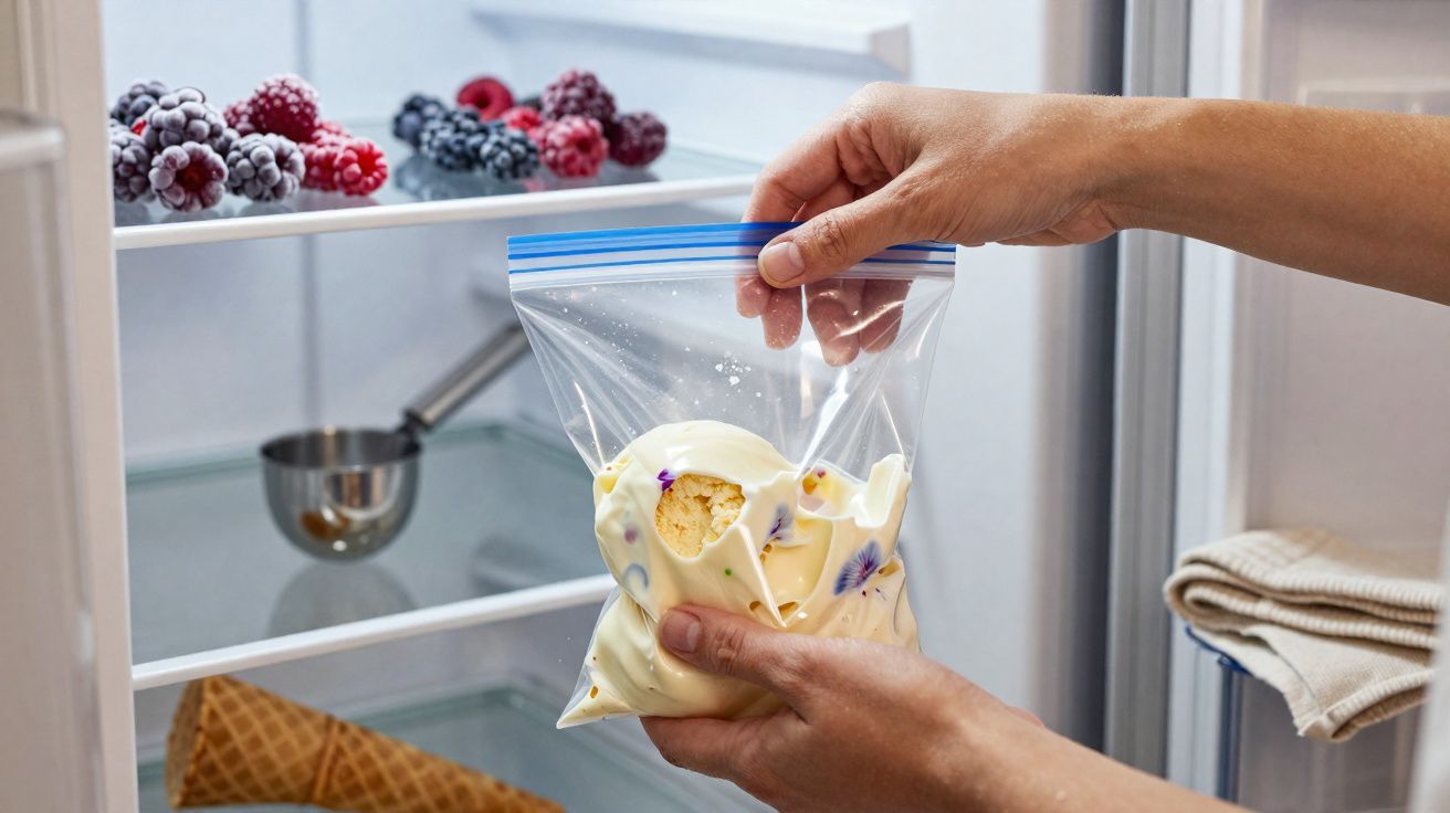 Mãos a colocar gelado caseiro num saco plástico dentro do congelador aberto com frutos vermelhos e cone visíveis.