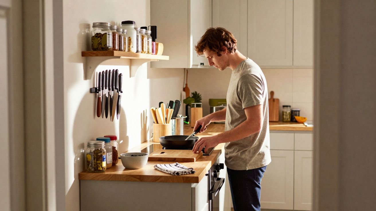 Homem a cozinhar numa cozinha moderna com utensílios e especiarias organizados na bancada e prateleiras.