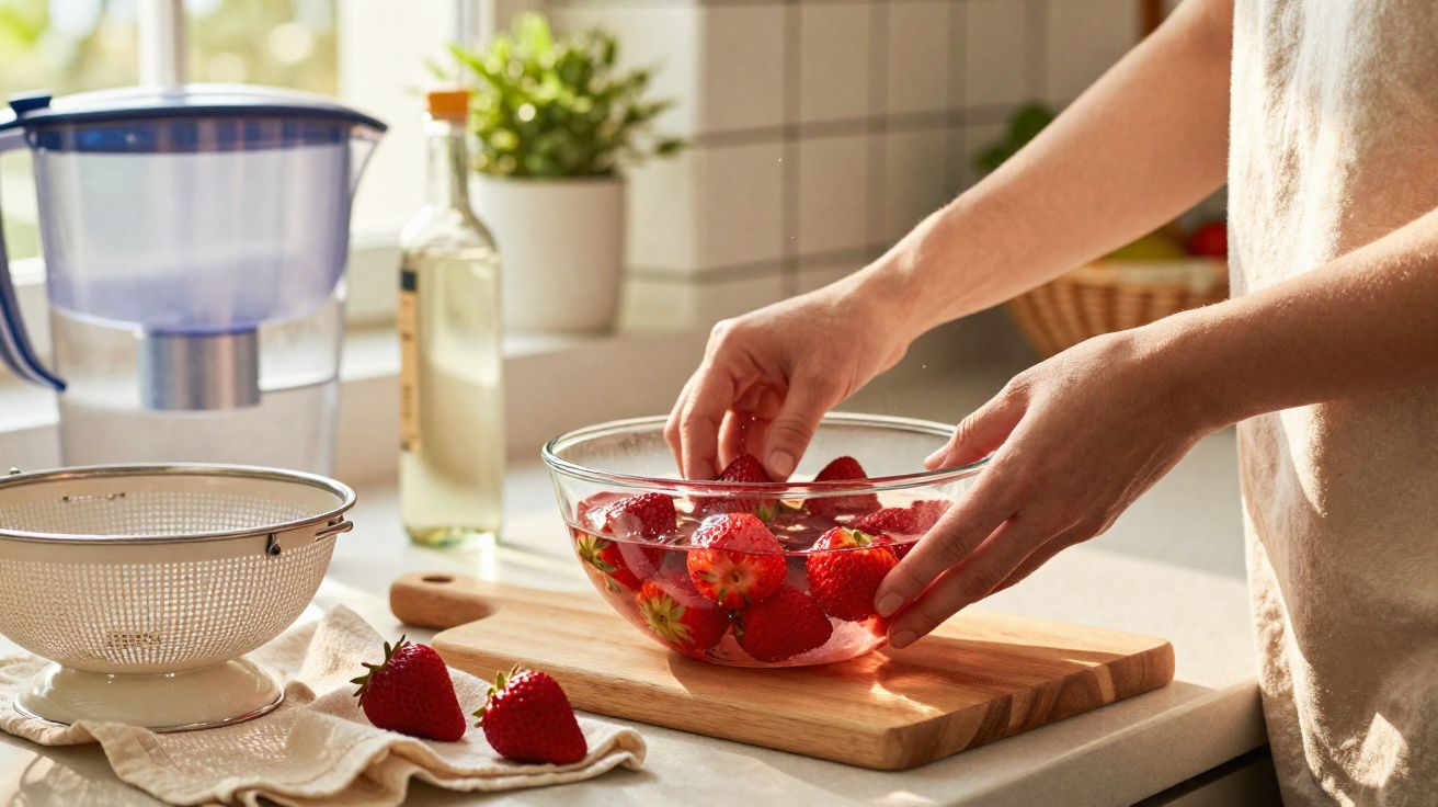 Pessoa a lavar morangos numa tigela transparente com água numa cozinha luminosa.