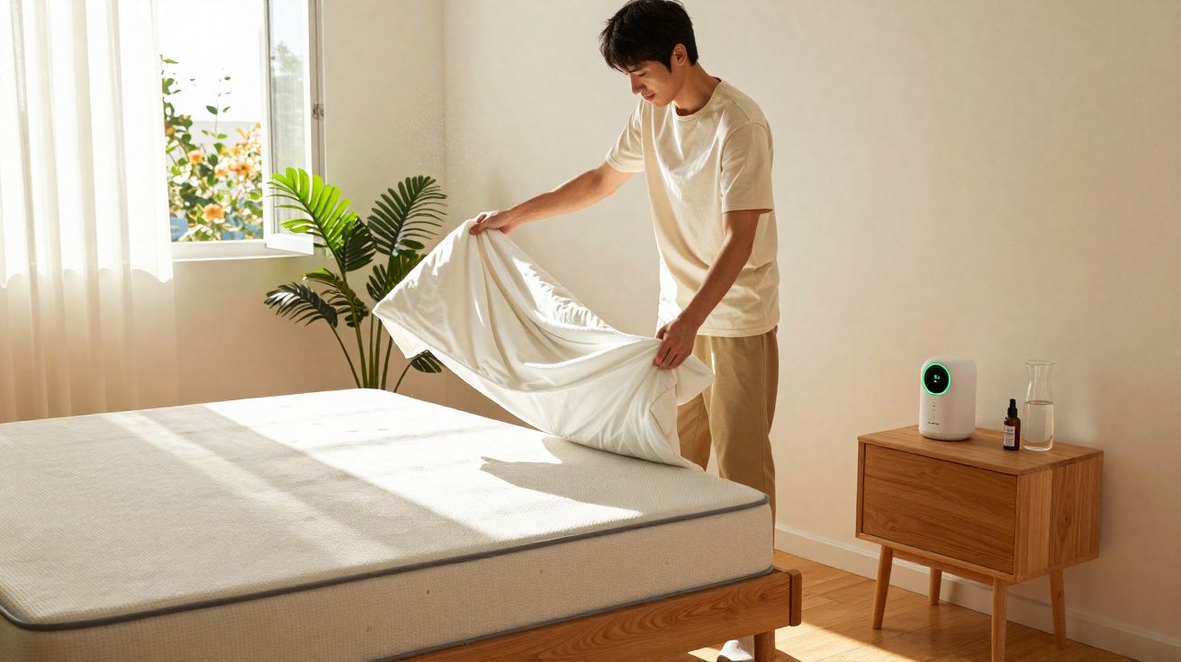 Homem a estender lençol branco num quarto com luz natural, planta e móvel de madeira com objetos em cima.