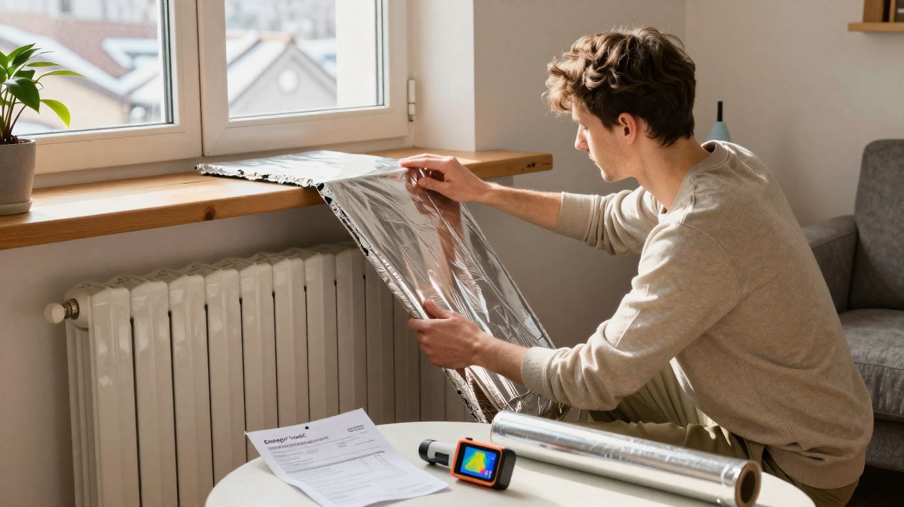 Homem a colocar película térmica numa janela junto a um radiador dentro de casa durante o dia.