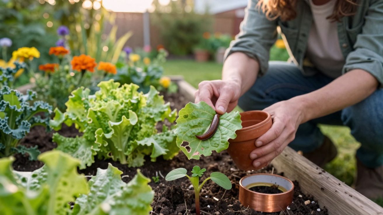 Pessoa a eliminar uma lesma de folha de alface num jardim de vegetais com flores coloridas ao fundo.
