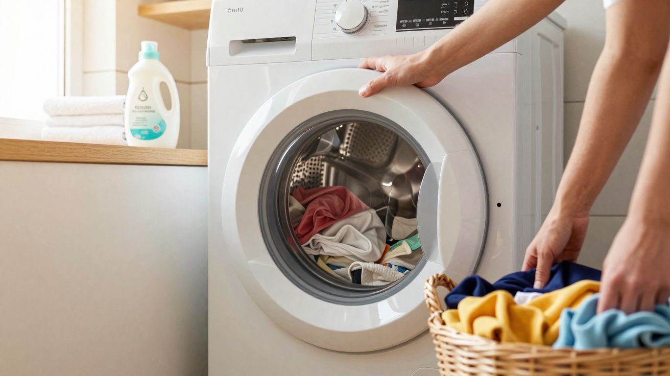 Máquina de lavar roupa branca a ser carregada com roupa colorida, lá em casa clara com detergente na bancada.