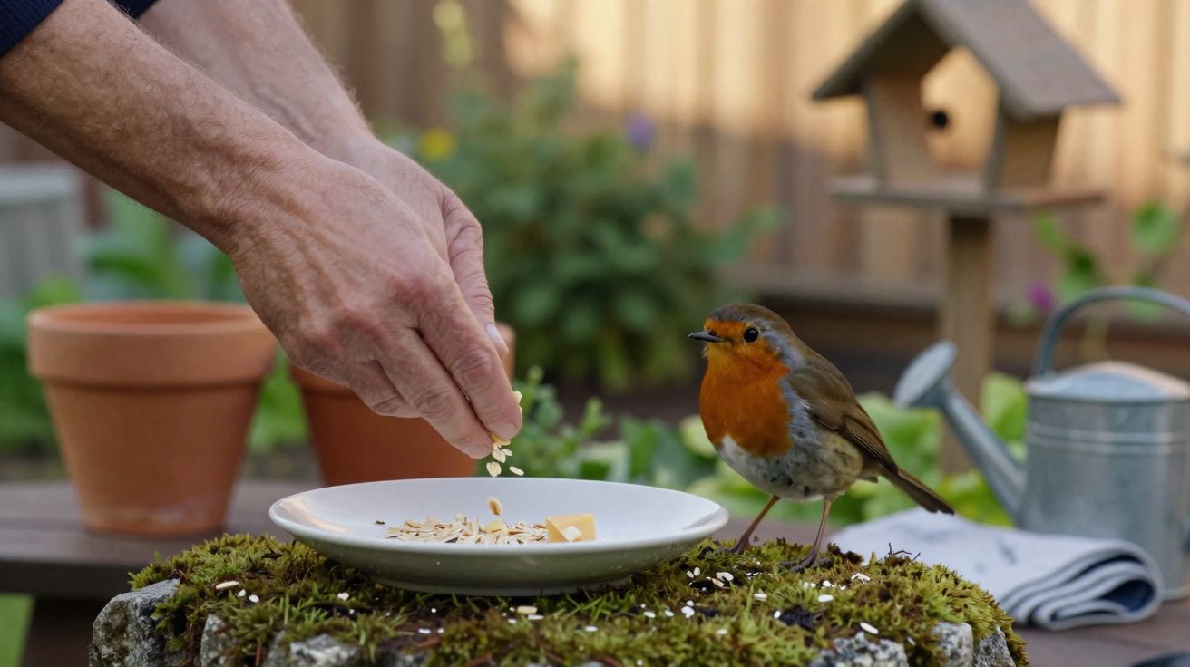 Mão a alimentar um pintassilgo com sementes num prato sobre musgo, com regador e casa de passarinho ao fundo.