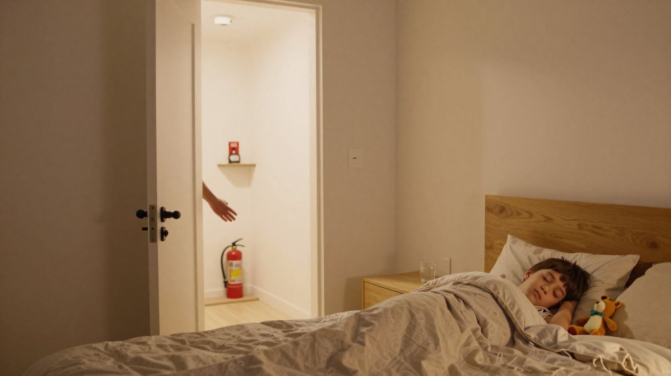 Criança a dormir num quarto com luz suave, porta entreaberta e mão estendida numa divisão adjacente.