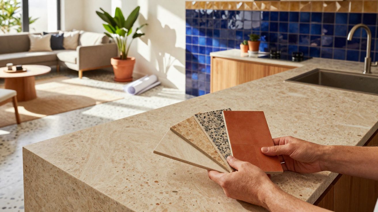 Mãos a escolher amostras de azulejos sobre bancada de pedra numa cozinha moderna com parede azul.