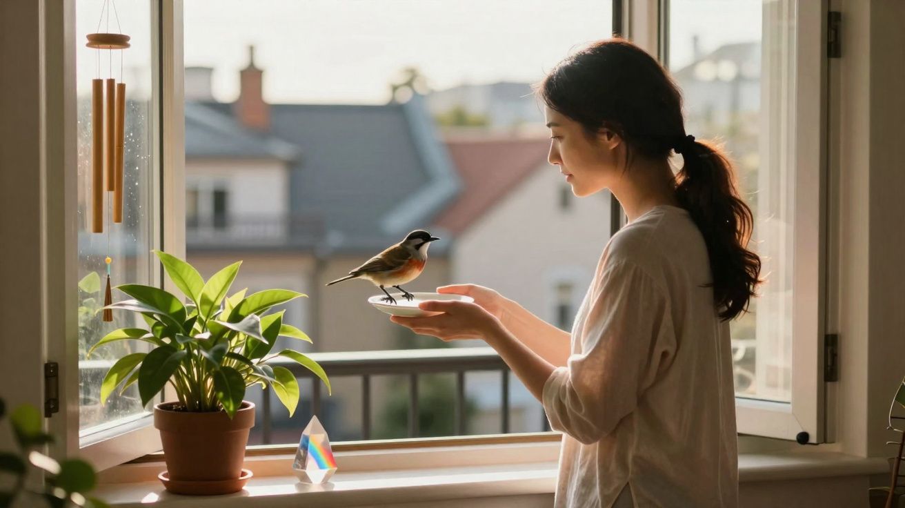 Mulher junto a janela aberta a alimentar um pássaro, ao lado de planta em vaso, em ambiente luminoso e calmo.