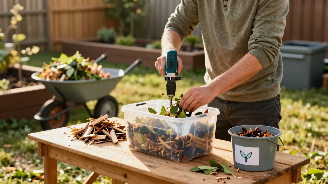 Pessoa a usar uma furadeira para fazer buracos em ramos verdes numa caixa de plástico no jardim.