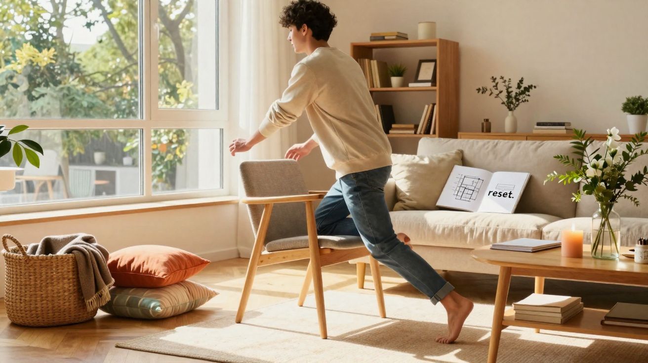 Jovem a fazer exercício de equilíbrio numa cadeira numa sala iluminada com mobília moderna e plantas.