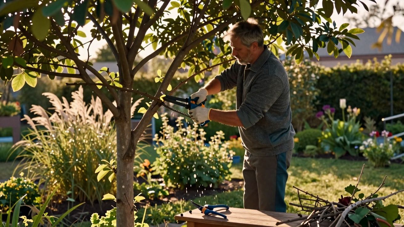 Homem a podar uma árvore num jardim ensolarado, com luvas e tesoura de poda.