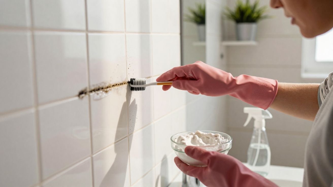 Pessoa a limpar bolor em azulejos com escova e pasta de limpeza, usando luvas cor-de-rosa.