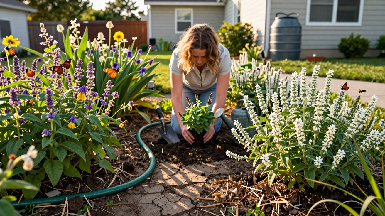 Mulher a plantar flores num jardim com várias flores coloridas e borboletas a voar ao redor.