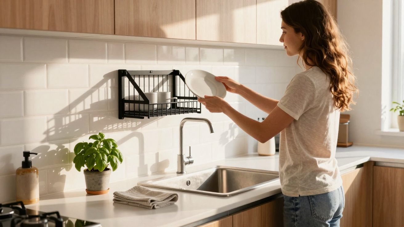 Mulher a secar um prato branco na cozinha moderna com armários de madeira e bancada branca.