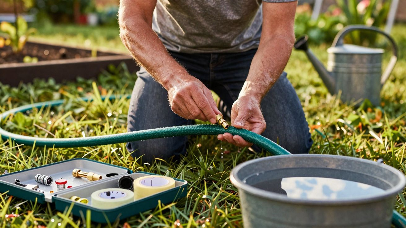 Pessoa a montar uma mangueira de jardim com acessórios, sentado na relva, com balde e regador por perto.