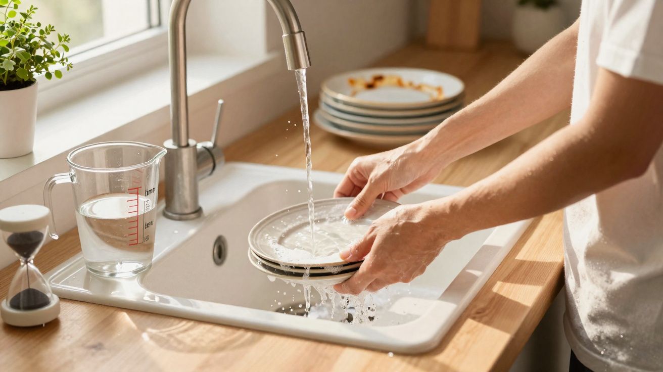 Pessoa a lavar loiça à mão numa pia com torneira a correr e utensílios na bancada de madeira.