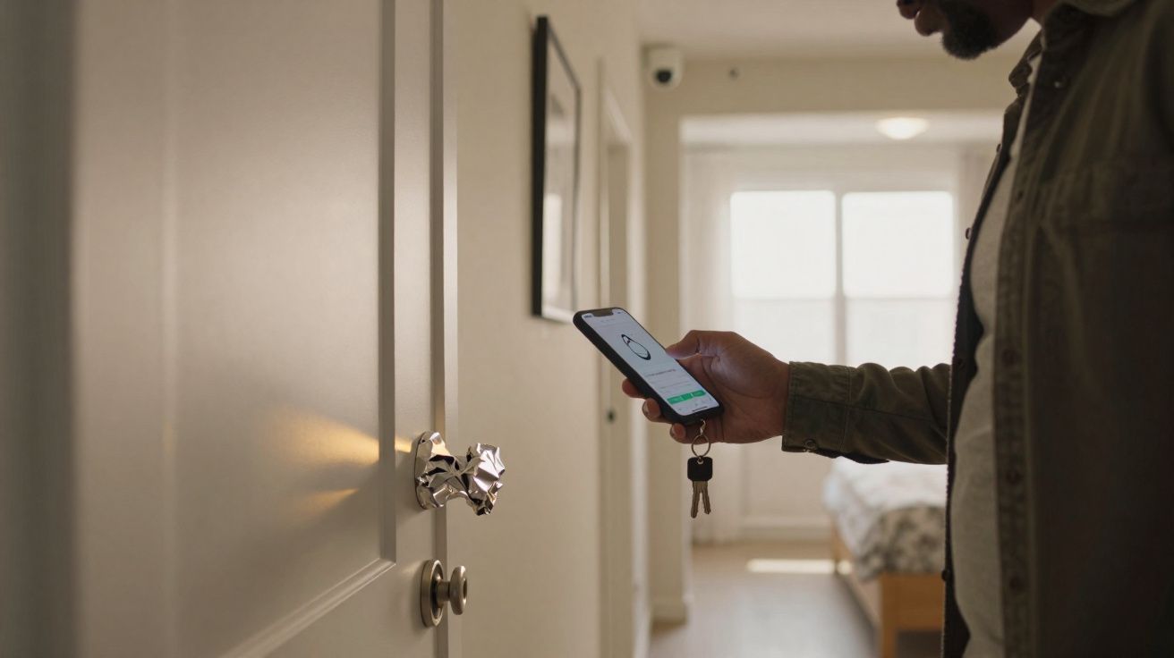 Pessoa a abrir a porta com telemóvel e chave num corredor de casa iluminado pela luz natural.